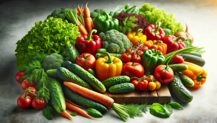 HD desktop wallpaper featuring an assortment of fresh vegetables including carrots, peppers, tomatoes, and cucumbers.