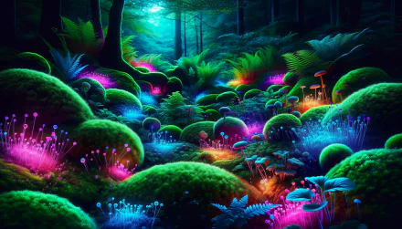 A vibrant moss garden illuminated by glowing fungi and colorful plants, set in a serene forest. This HD wallpaper captures a magical, enchanting atmosphere.
