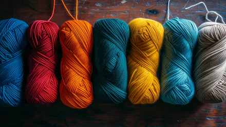 A vibrant assortment of yarn in red, orange, yellow, teal, and beige, displayed neatly on a wooden surface, creating a colorful and inviting desktop wallpaper.