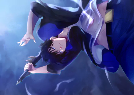 HD PC desktop wallpaper featuring Sung Jin-Woo from the anime Solo Leveling in a dynamic action pose against a stormy blue background.
