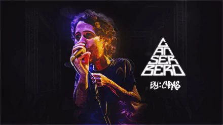 HD wallpaper featuring a vibrant artistic rendition of a musician performing on stage with the stylized text 'Canserbero' for music fans' desktop background.