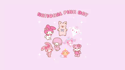 HD desktop wallpaper celebrating National Pink Day featuring cute Sanrio characters including My Melody and Cinnamoroll with a soft pink background.