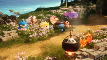 HD wallpaper of Palworld game featuring colorful creatures in a scenic, flowery meadow with a pot cooking over a fire.