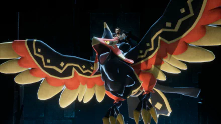 HD desktop wallpaper featuring a character riding a majestic flying creature from the video game Palworld, set against a dark backdrop for an immersive gaming experience.