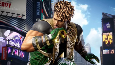 HD wallpaper of Eddy Gordo from Tekken 8 video game, featuring the character in dynamic fighting pose with cityscape background.