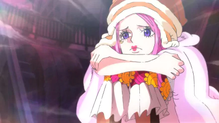 HD wallpaper of Jewelry Bonney from the anime One Piece, featuring the character in a thoughtful pose with a colorful outfit and striped hat.