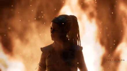 Senua's Saga: Hellblade II video game character silhouette against fiery backdrop, HD desktop wallpaper.