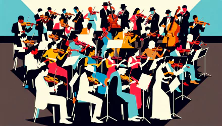 A vibrant illustration of a bustling orchestra, featuring musicians in formal attire passionately playing instruments. This HD wallpaper captures the energy of a live performance.