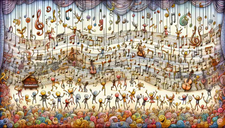HD desktop wallpaper featuring a whimsical, colorful illustration of sheet music with animated musical notes and characters.