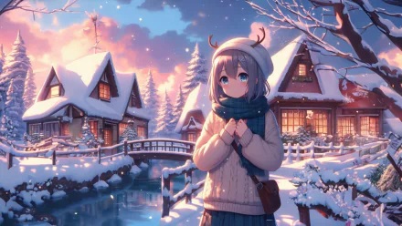 A cute anime girl dressed for winter stands by a snowy village river at evening, with warm lights glowing from cozy houses in this 4K Ultra HD winter anime scene.