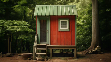 A vibrant red and green chicken coop nestled among trees, showcasing rustic charm. This HD desktop wallpaper captures the essence of a serene, woodland environment.