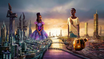HD wallpaper featuring characters from the TV show Iwájú standing in a futuristic city at sunset for desktop background.
