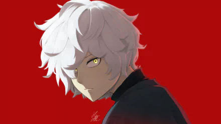 HD anime wallpaper featuring Gabimaru from Hell's Paradise with striking white hair and intense yellow eyes against a bold red background.