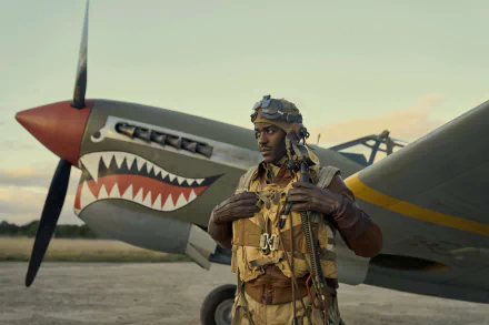 Wallpaper of a pilot from the TV show Masters of the Air standing confidently in front of a vintage fighter plane with distinctive shark mouth nose art.