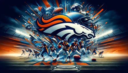 A dynamic HD wallpaper featuring the Denver Broncos' logo, surrounded by players in action, capturing the spirit of NFL football and the excitement of the Super Bowl.