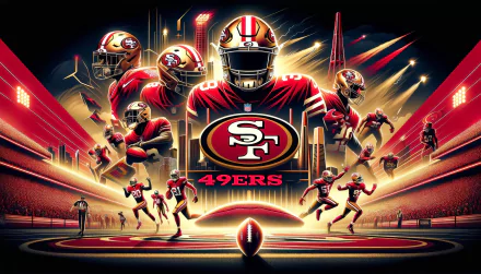 HD desktop wallpaper featuring dynamic artwork of the San Francisco 49ers, an NFL team, with players in action poses celebrating the spirit of football and the Super Bowl.