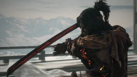 4K Ultra HD Sekiro: Shadows Die Twice game art depicting Ashina wielding the Mortal Blade, facing the fiery Demon of Hatred against a snowy mountain backdrop.
