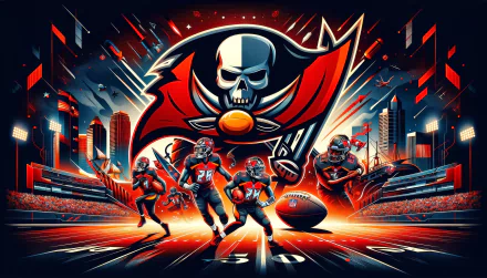 HD wallpaper featuring Tampa Bay Buccaneers theme with dynamic illustrations of football players in action, team logo, and Super Bowl-inspired artwork.