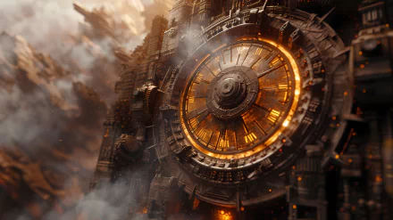 HD wallpaper featuring a fantastical clockwork city with a prominent, intricately designed central clock, set in a dynamic, sci-fi environment.