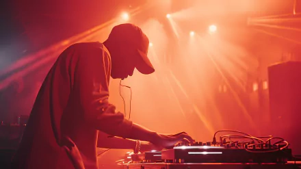 A DJ mixes music at a vibrant nightclub, surrounded by dynamic lights and a lively atmosphere, captured in this HD desktop wallpaper.