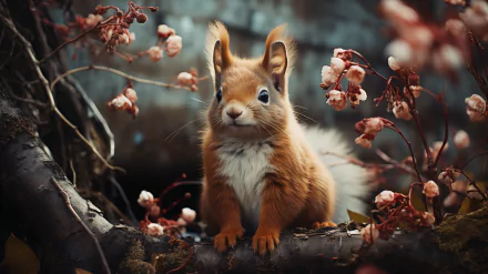 A vibrant red squirrel poses on a branch surrounded by delicate pink blossoms, creating a serene and captivating HD desktop wallpaper background.