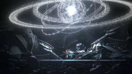 HD desktop wallpaper featuring a dramatic scene from BlazBlue Entropy Effect video game with intricate cosmic designs and scattered debris.