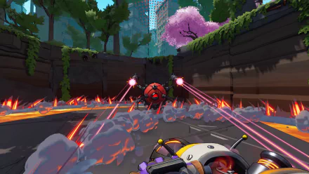HD wallpaper featuring a Roboquest video game scene with a robot firing lasers in a vibrant, futuristic cityscape.