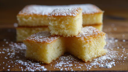 A close-up of golden cornbread squares dusted with powdered sugar on a wooden surface, serving as a vibrant HD desktop wallpaper and background.