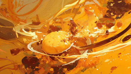 HD desktop wallpaper featuring an artistic rendition of cornbread amidst vibrant splashes of yellow and orange tones.