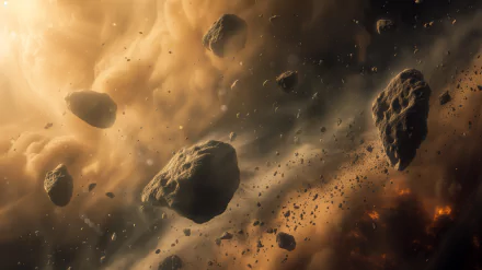 HD desktop wallpaper featuring a dynamic sci-fi depiction of asteroids floating through an asteroid belt with glowing celestial lights in the background.