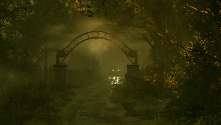 A mystical, foggy pathway leads through an overgrown archway, capturing the eerie atmosphere of Alone in the Dark (2024) in this HD desktop wallpaper.
