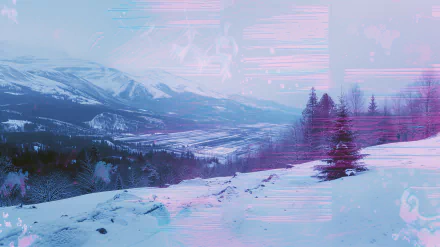 HD desktop wallpaper featuring a snowy landscape with a digital glitch effect.