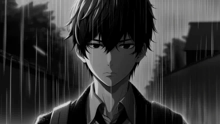  man in the rain in black and white