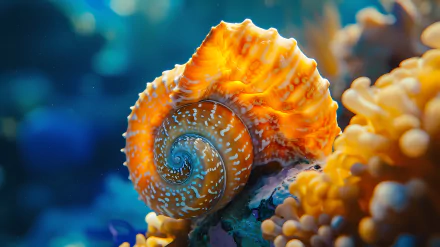 A vibrant orange sea snail nestled among coral, captured in a high-definition underwater ocean scene for desktop wallpaper and background.