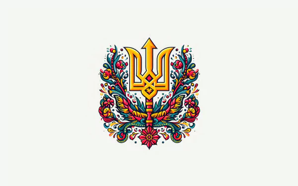 Stylized Ukrainian coat of arms adorned with vibrant floral patterns, presented as a 4K Ultra HD PC desktop wallpaper and background.