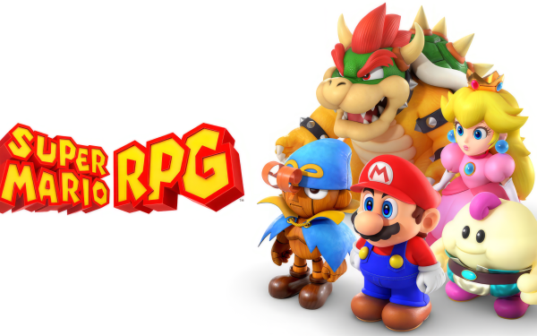 Super Mario RPG 2023 HD Wallpaper featuring iconic characters like Mario, Peach, and Bowser posed for an adventurous theme, perfect as a desktop background.