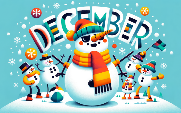 Animated December winter theme with cheerful snowmen and snowflakes for HD desktop wallpaper.