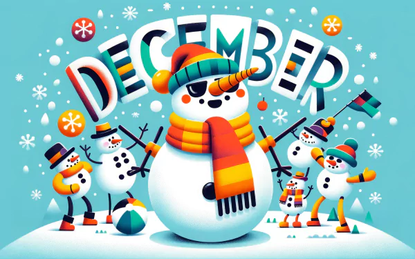 HD desktop wallpaper featuring cheerful snowmen with colorful accessories under the word DECEMBER in festive, 3D letters.