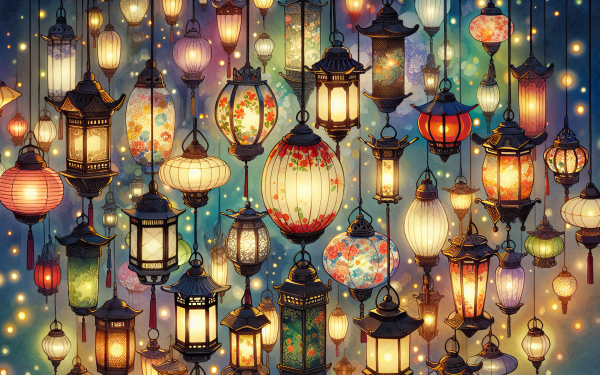 Colorful array of traditional lanterns with intricate designs, ideal for HD desktop wallpaper and background display.