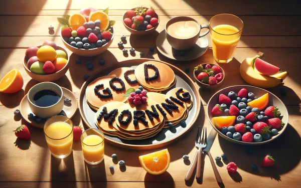 A vibrant HD desktop wallpaper showcasing a colorful breakfast spread with pancakes spelling GOOD MORNING, surrounded by fresh fruits and beverages, creating a cheerful morning atmosphere.