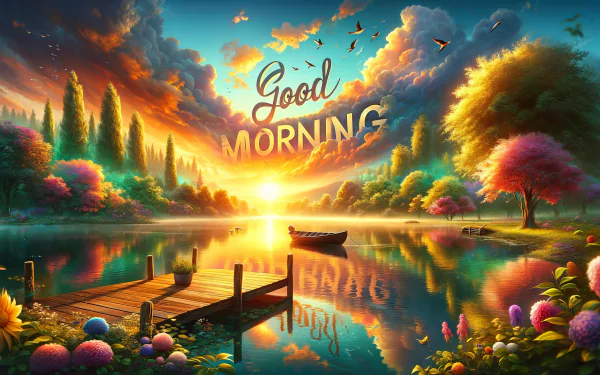 Good morning text over a tranquil lake with a wooden dock, a rowboat, and colorful trees reflecting in the water as the sun rises, creating a vibrant HD desktop wallpaper background.