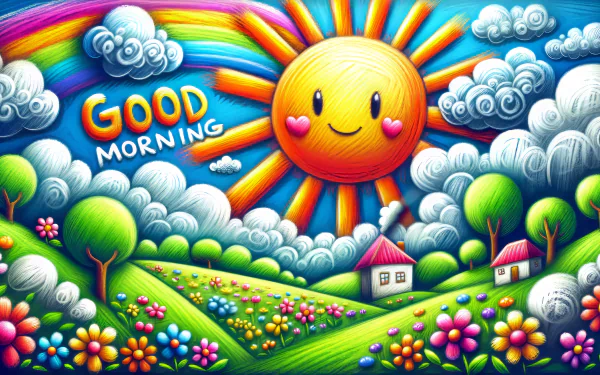 HD desktop wallpaper featuring a cheerful sun with Good Morning text, vibrant rainbows, and whimsical landscapes.