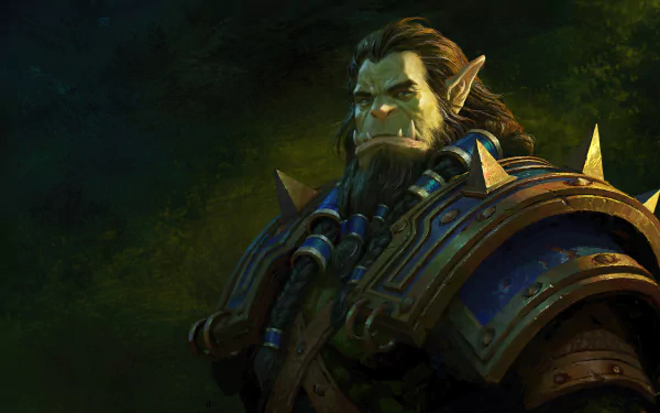 HD desktop wallpaper featuring Thrall from World of Warcraft: The War Within, showcasing the iconic character in detailed armor against a moody, green-toned backdrop.
