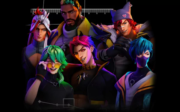 Vibrant HD wallpaper featuring characters K'Sante, Aphelios, Kayn, Yone, and others from League of Legends, showcasing the Heartsteel theme in a dynamic group pose.