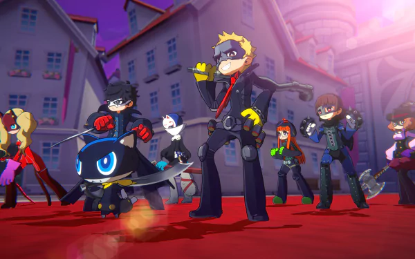 A vibrant HD wallpaper featuring characters from Persona 5 Tactica, showcasing the Phantom Thieves in dynamic poses against a colorful backdrop.