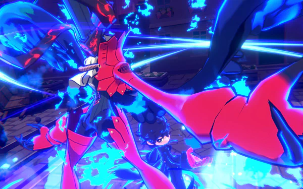 HD desktop wallpaper featuring a dynamic Persona 5 Tactical scene with vibrant blue energy effects.