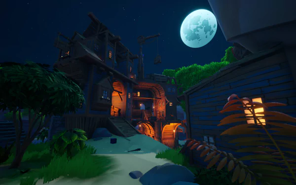 HD desktop wallpaper of Blazing Sails game featuring a moonlit pirate village scene for a captivating background.