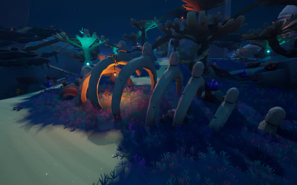 HD Blazing Sails game wallpaper featuring a mystic nocturnal beachscape with vibrant flora and glowing arches.