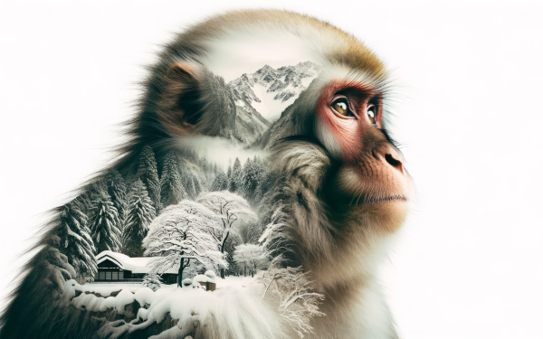 HD wallpaper featuring a serene snow monkey with a snowy landscape background, perfect for a desktop wallpaper.