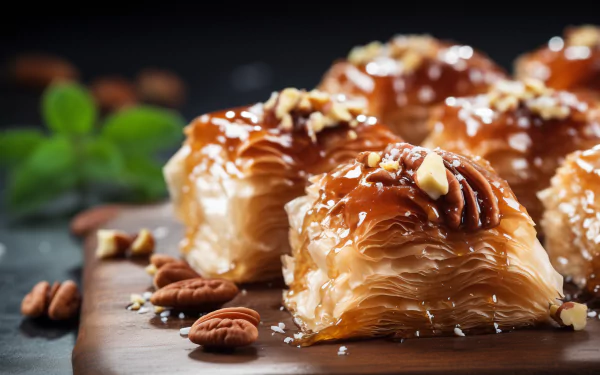 HD desktop wallpaper featuring close-up of golden baklava topped with pecans on a dark background.